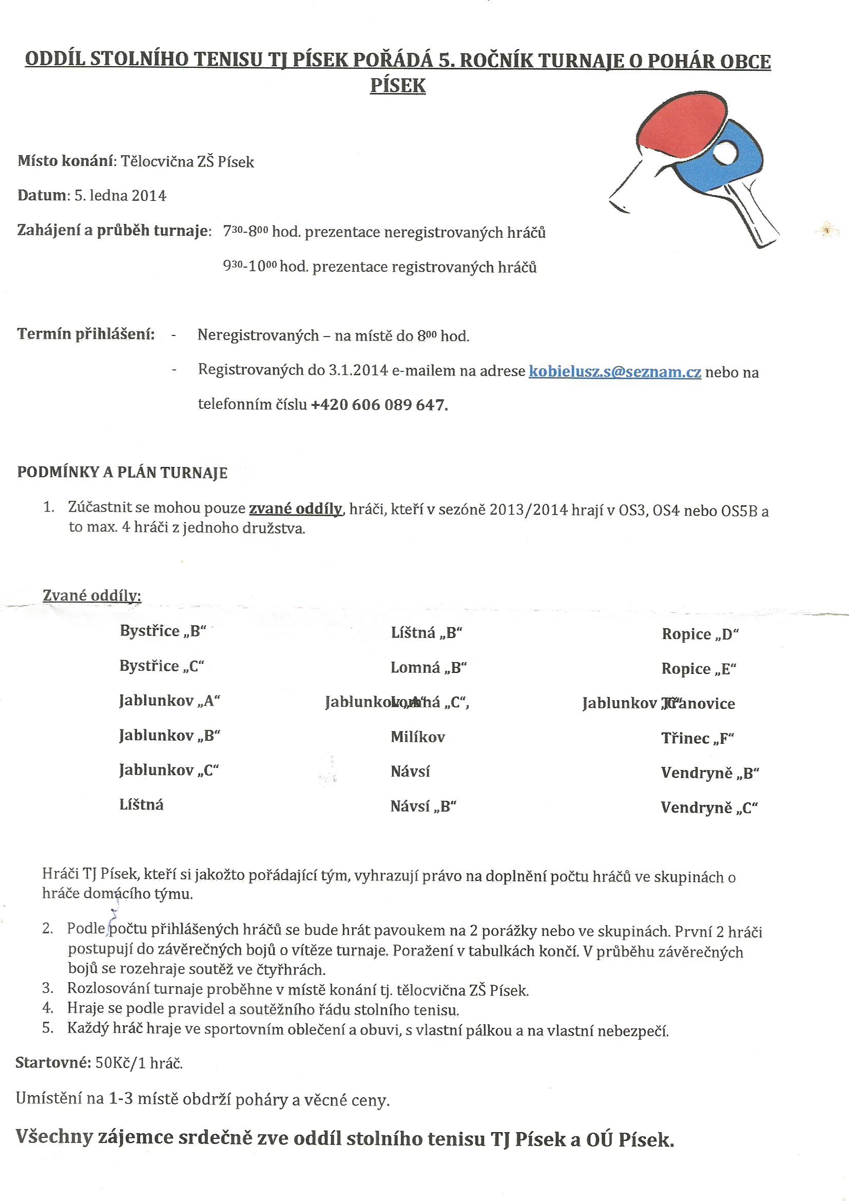Pozvánka na turnaj v Písku - 5.1.2014